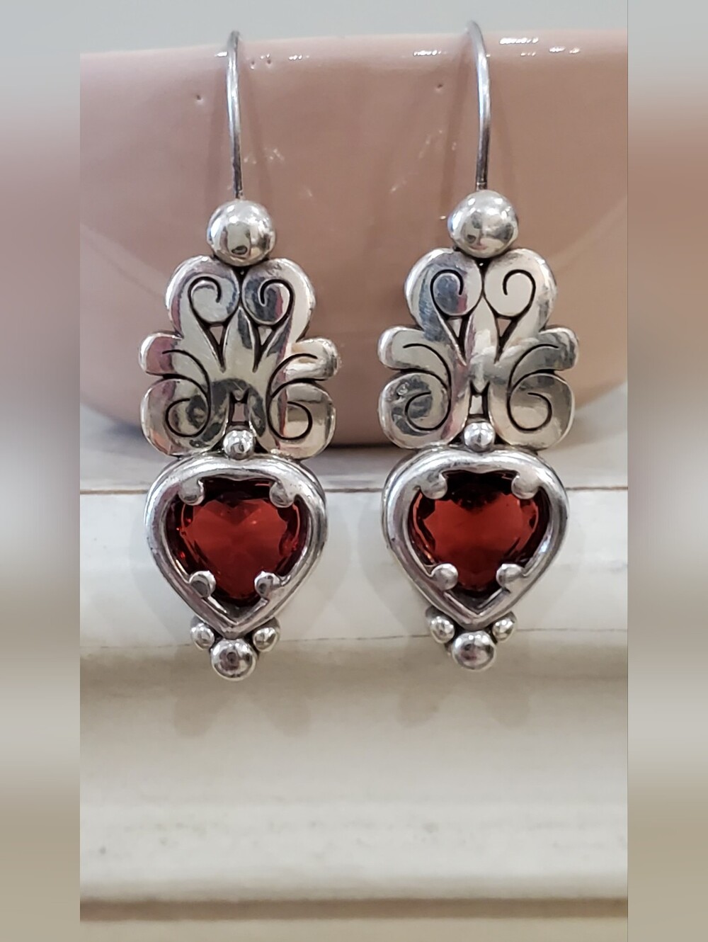 Brighton Silver Tone Heart Drop Earrings with Garnet Color Stones